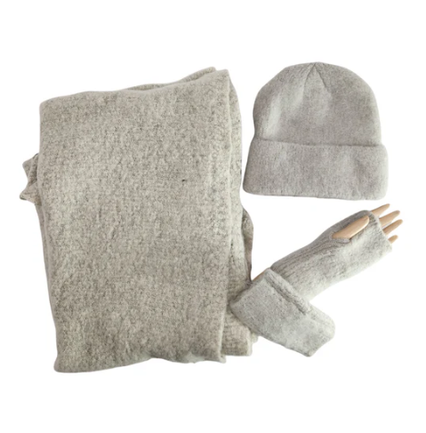 Plain Boucle Wool Scarf, Hat & Glove Set