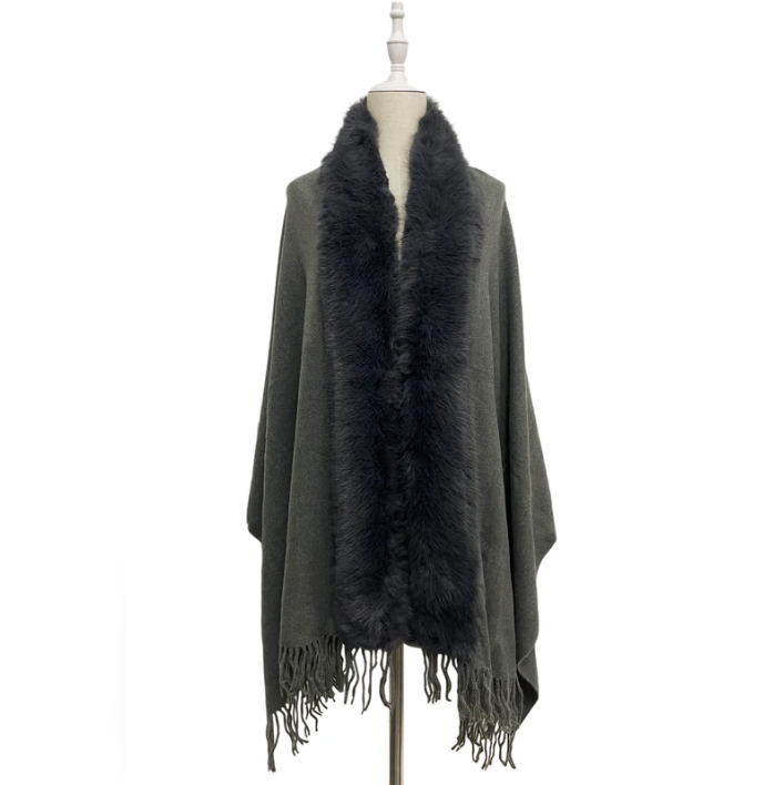 Faux Fur Trim Tasselled Shawl
