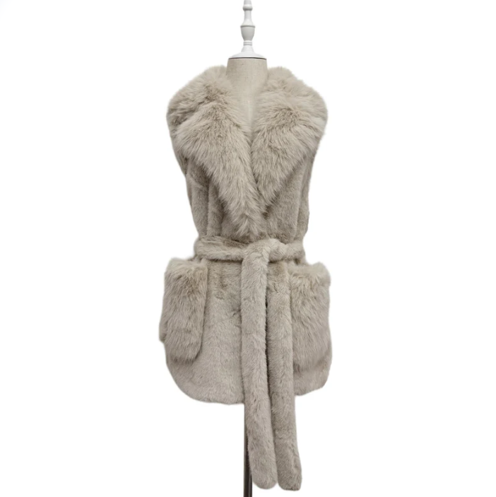 Faux Fur Long Gilet with Belt